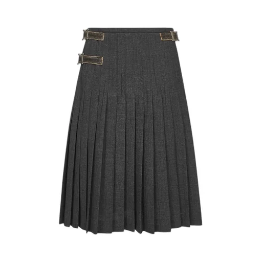 Pleated Leather-Strap Midi Skirt