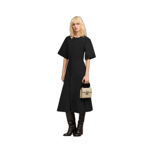 Mid-Sleeved Round-Neck Midi Dress