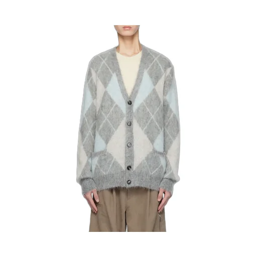 Argyle Button-Up Long-Sleeved Cardigan