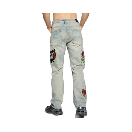 Rose-Embroidered Distressed Jeans
