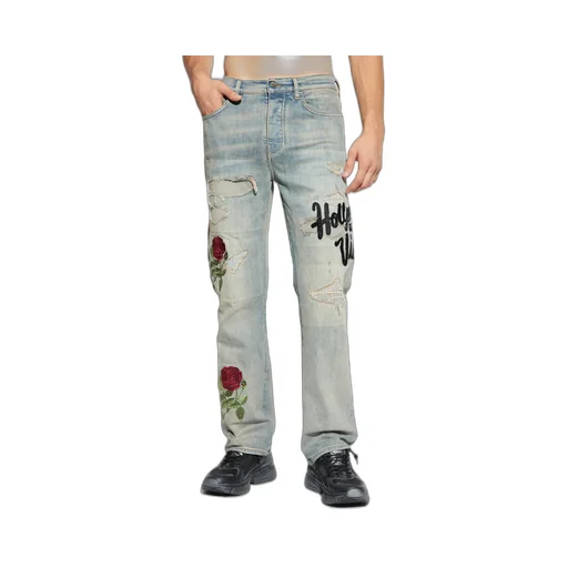 Rose-Embroidered Distressed Jeans