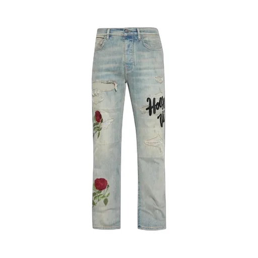 Rose-Embroidered Distressed Jeans