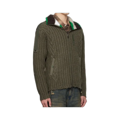Stripe High-Neck Zip-Up Sweater