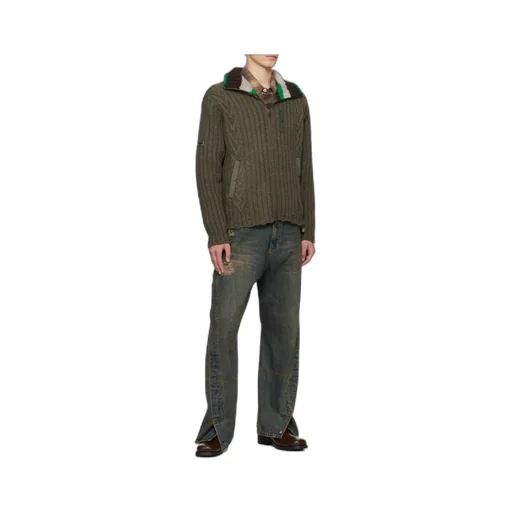 Stripe High-Neck Zip-Up Sweater