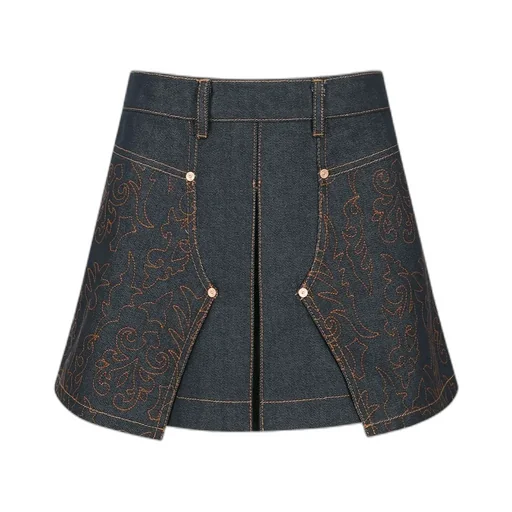 Embroidered-Panel Pleated Mini Skirt