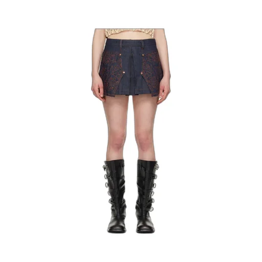 Embroidered-Panel Pleated Mini Skirt