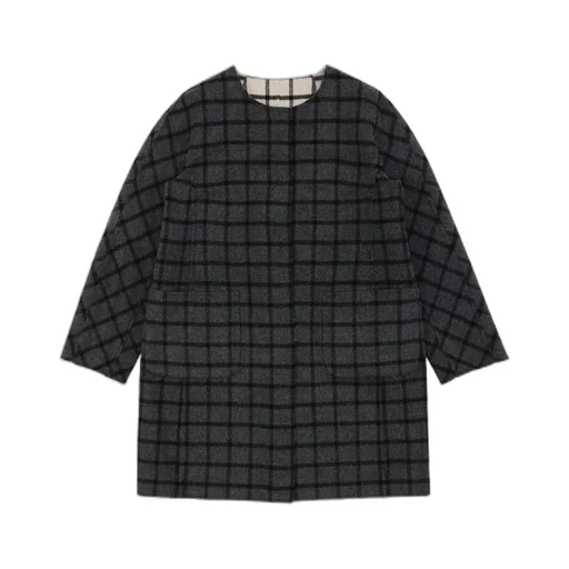 Round-Necked Plaid Coat