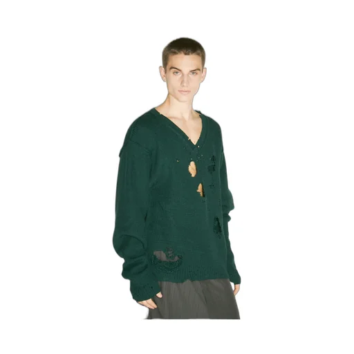 Distressed-Effect V-Neck Sweater