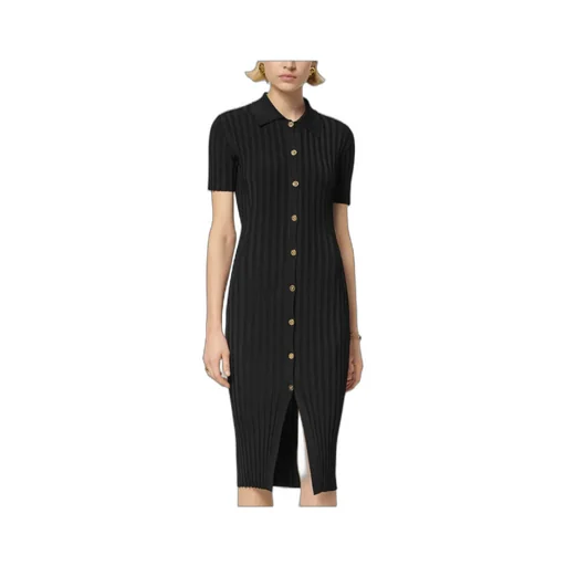 Short-Sleeved Knitted Midi Shirt Dress