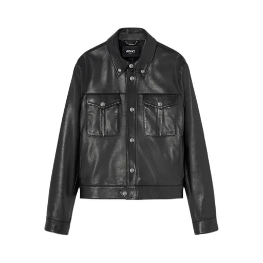 Logo Engraved Buttoned Leather Jacket