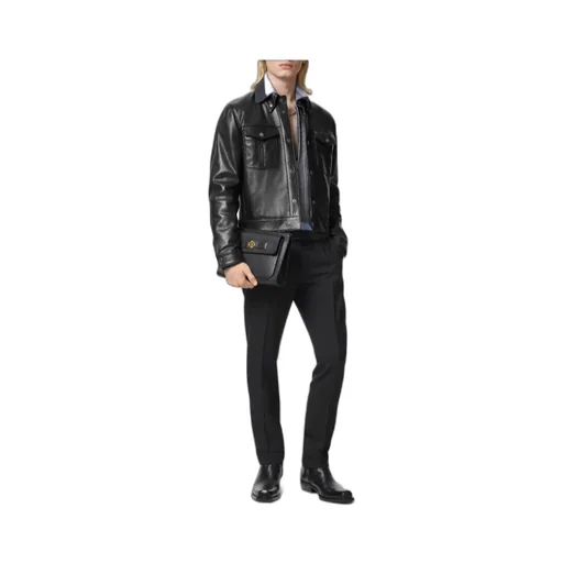 Logo Engraved Buttoned Leather Jacket