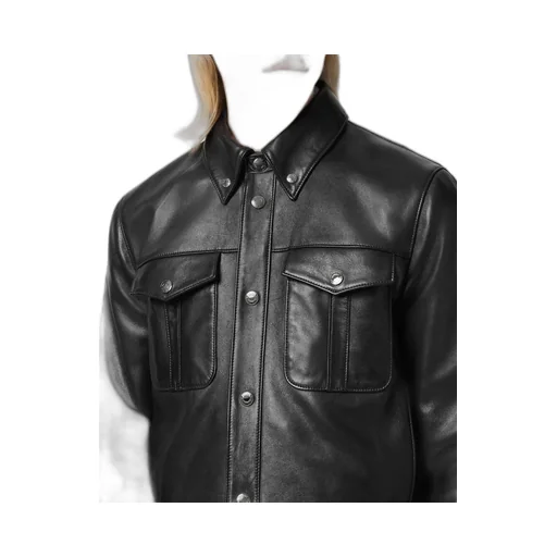 Logo Engraved Buttoned Leather Jacket