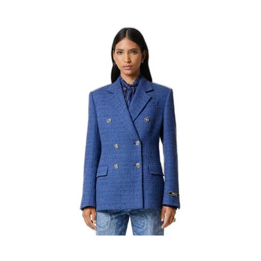 Metallic-Threading Double-Breasted Tailored Blazer