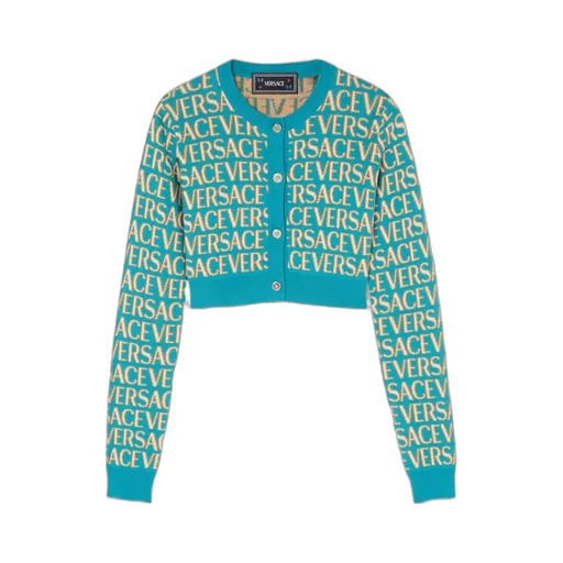 Allover Logo-Jacquard Button-Up Cropped Cardigan