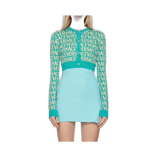 Allover Logo-Jacquard Button-Up Cropped Cardigan
