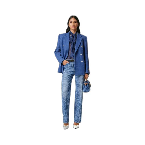 Metallic-Threading Double-Breasted Tailored Blazer