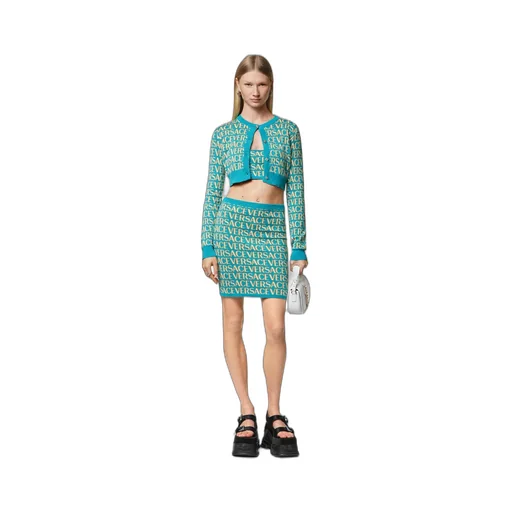 Allover Logo-Jacquard Button-Up Cropped Cardigan