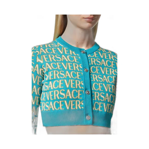 Allover Logo-Jacquard Button-Up Cropped Cardigan