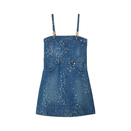 Star Printed Square Neck Denim Dress