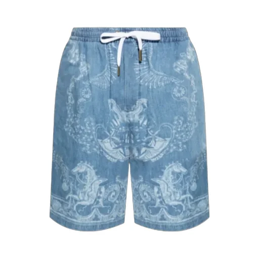 Pattern-Printed Drawstring Denim Shorts