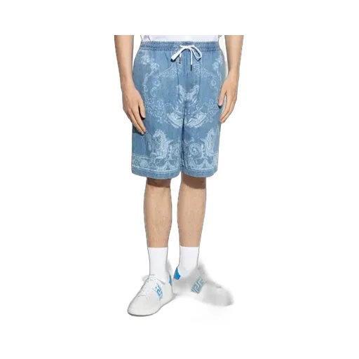 Pattern-Printed Drawstring Denim Shorts