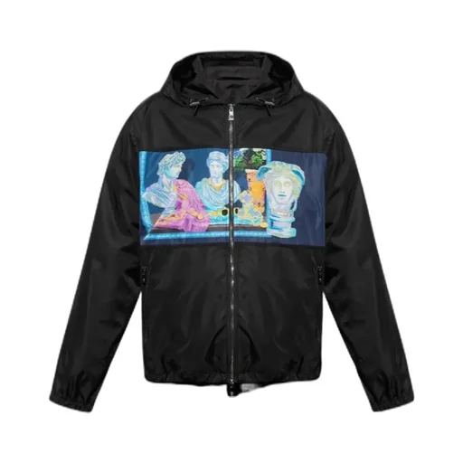 Pattern-Printed Zipped Hooded Jacket
