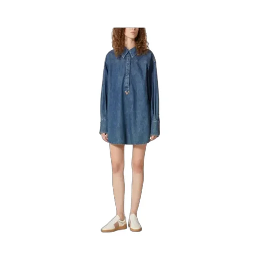 Vgold Curved Hem Denim Shirt Dress