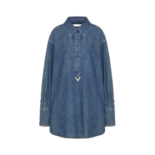 Vgold Curved Hem Denim Shirt Dress