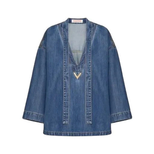 Logo Plaque V-Neck Denim Blouse