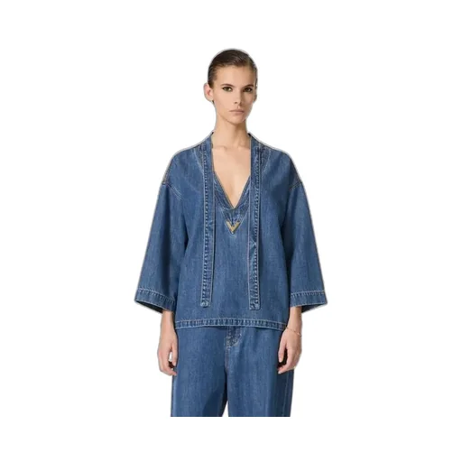 Logo Plaque V-Neck Denim Blouse