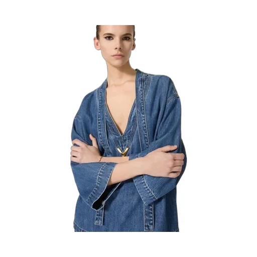 Logo Plaque V-Neck Denim Blouse
