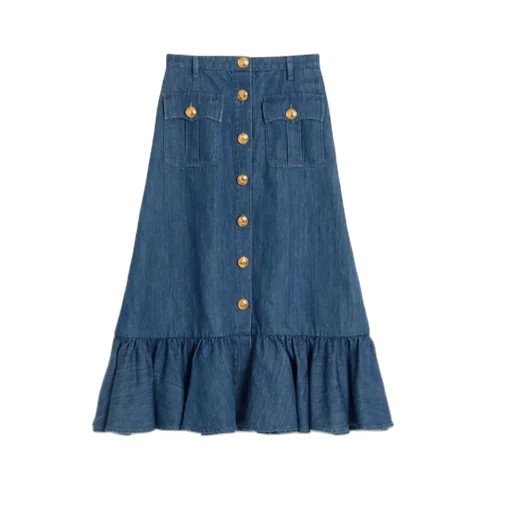 Button Detailed Flared Hem Denim Skirt