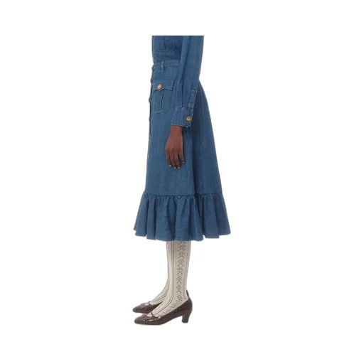 Button Detailed Flared Hem Denim Skirt