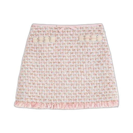 Bow Detailed Frayed Hem Tweed Skirt