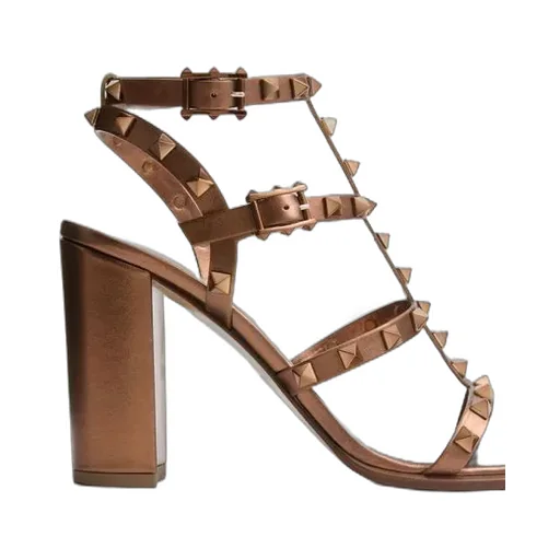 Rockstud Metallic Calfskin Leather Ankle Strap Sandal 90 Mm