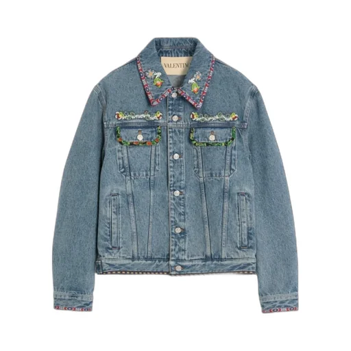 Floral Detailed Button-Up Denim Jacket