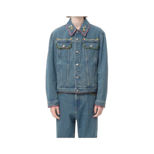 Floral Detailed Button-Up Denim Jacket