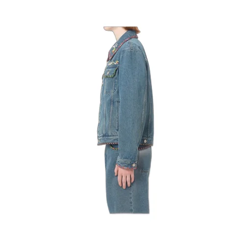 Floral Detailed Button-Up Denim Jacket