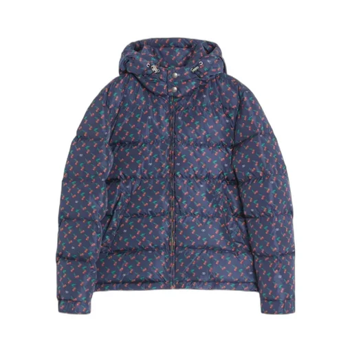 Nylon Hooded Down Jacket With Cherryfic Print