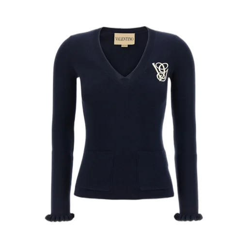 Ruffled V-Neck Wool Sweater