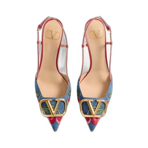 Vlogo Signature Slingback Pumps In Denim With Cherryfic Embroidery 80Mm