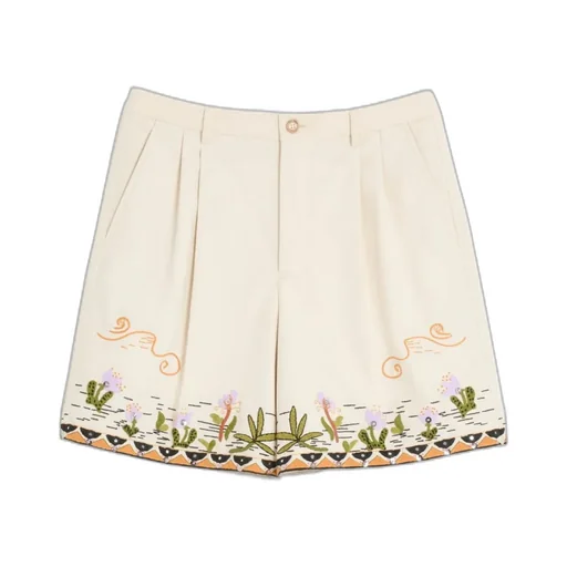 Bermuda In Canvas Di Cotone Con Ricamo Floreale E Passamaneria In Jacquard