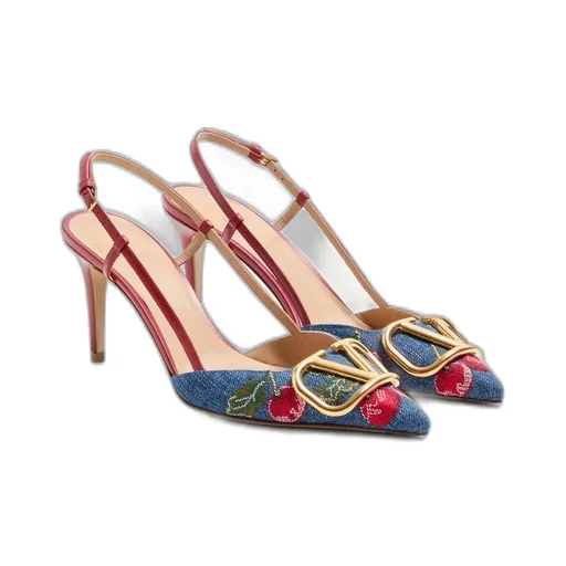Vlogo Signature Slingback Pumps In Denim With Cherryfic Embroidery 80Mm