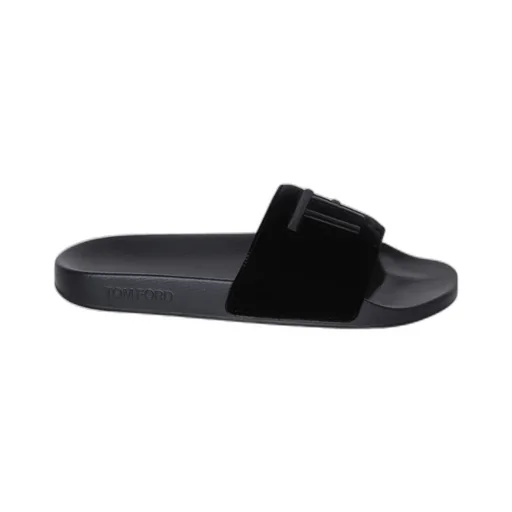 Logo Embroidered Open-Toe Velvet Slides