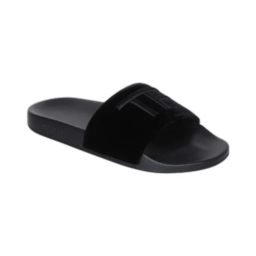 Logo Embroidered Open-Toe Velvet Slides