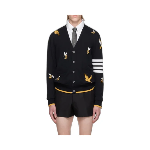 4-Bar Striped Intarsia-Patterned Buttoned Cardigan