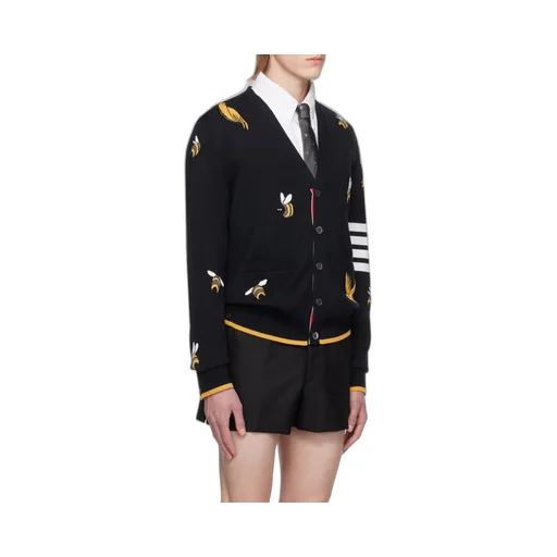 4-Bar Striped Intarsia-Patterned Buttoned Cardigan