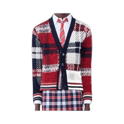 Checkered Button-Up Knit Cardigan