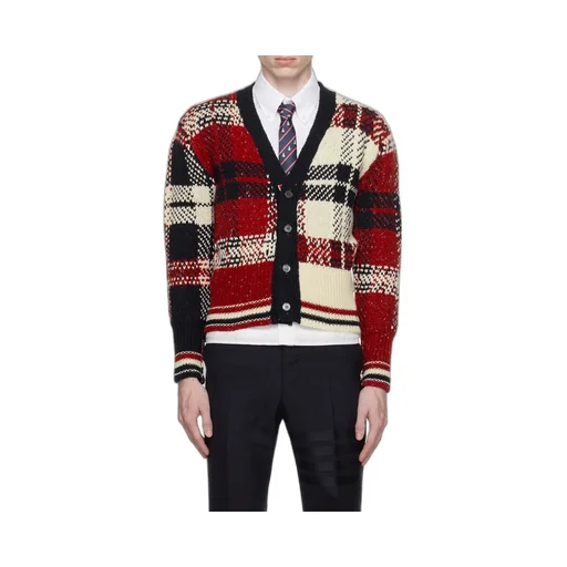 Checkered Button-Up Knit Cardigan