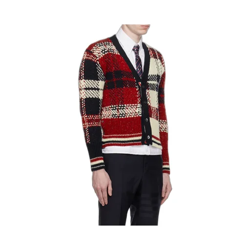 Checkered Button-Up Knit Cardigan